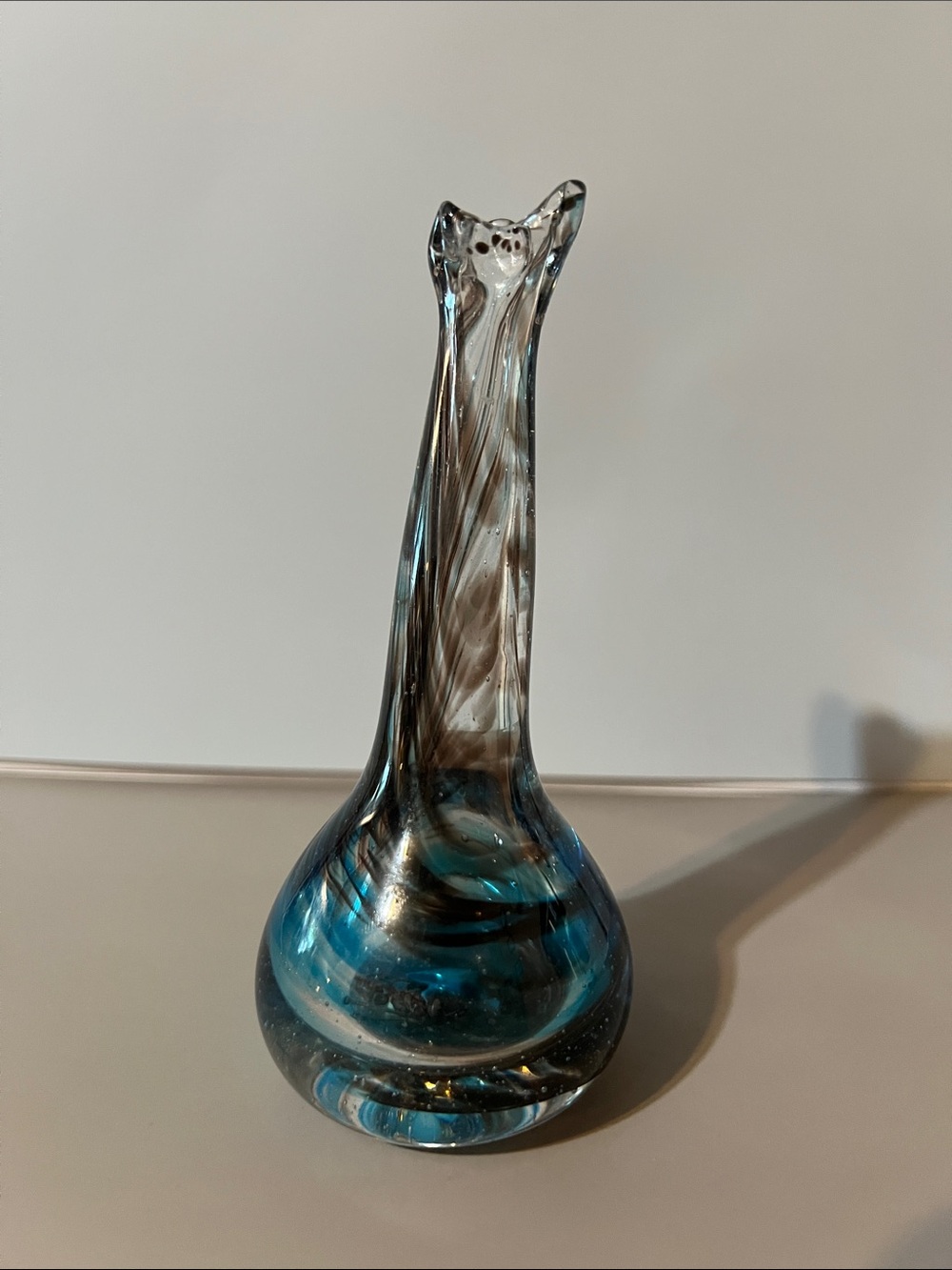 Vintage Handblown Glass Bud Vase in Blue brown and Clear swirls 5 1/2 in